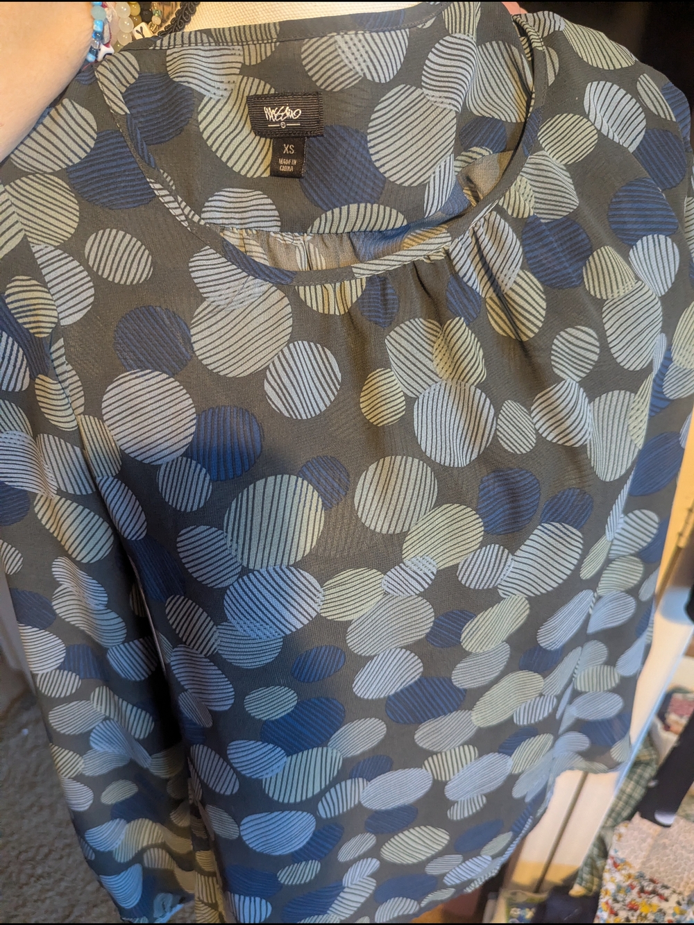 Gray and Light Blue Circle-Print Top Sheer Polyester